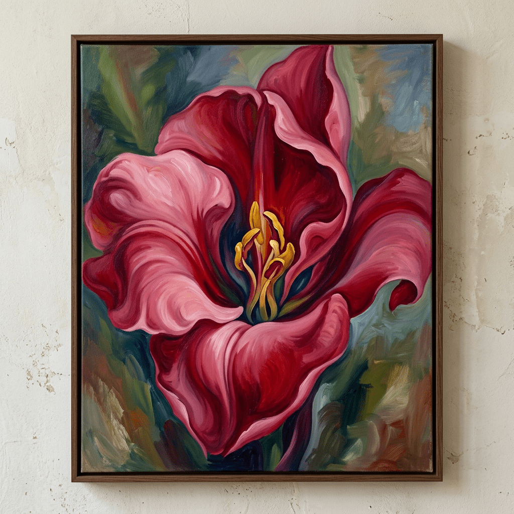 Oil painting of a red and pink flower with yellow stamens and green background