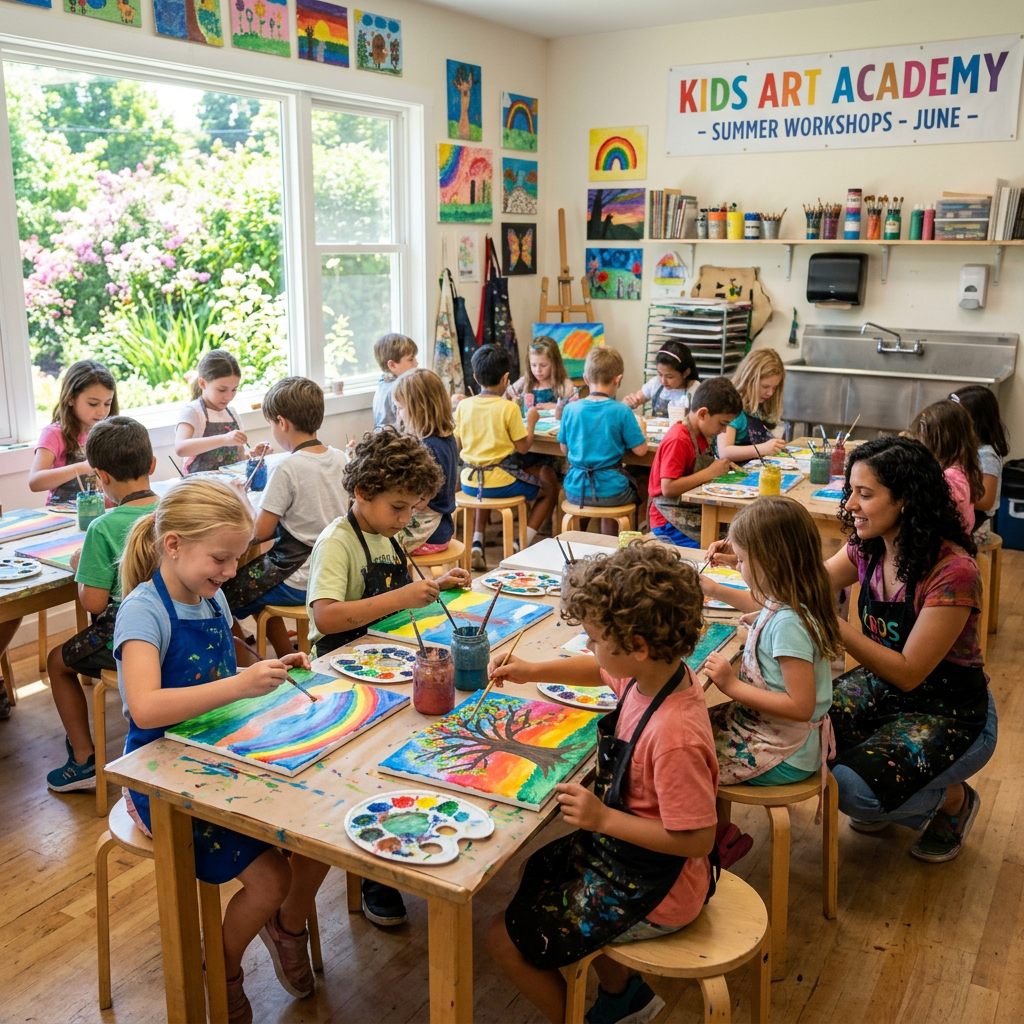 Children painting vibrant artwork at tables in a bright classroom with art supplies