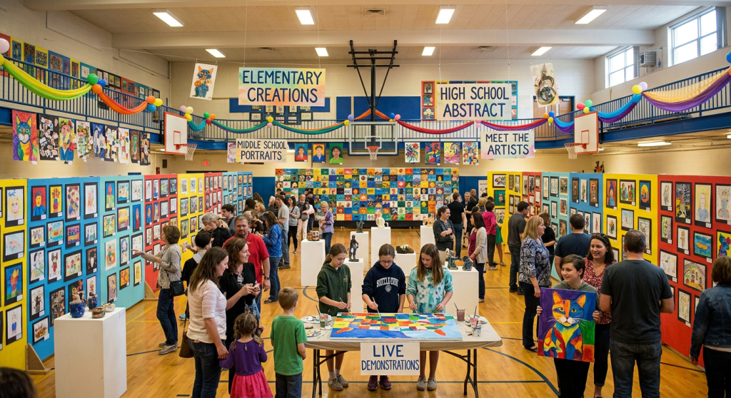 School gymnasium filled with colorful student artwork and families viewing exhibits