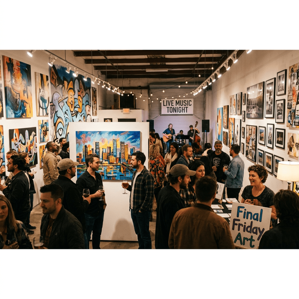 Crowd mingling in art gallery with paintings, live band, and event sign
