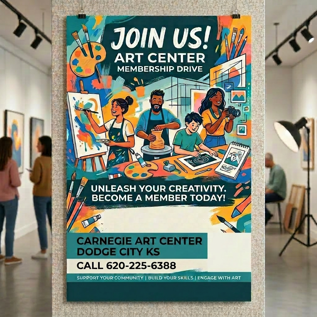 Illustrated poster for Art Center membership drive showing diverse people painting, pottery, drawing, and photography with membership benefits and sign-up details.