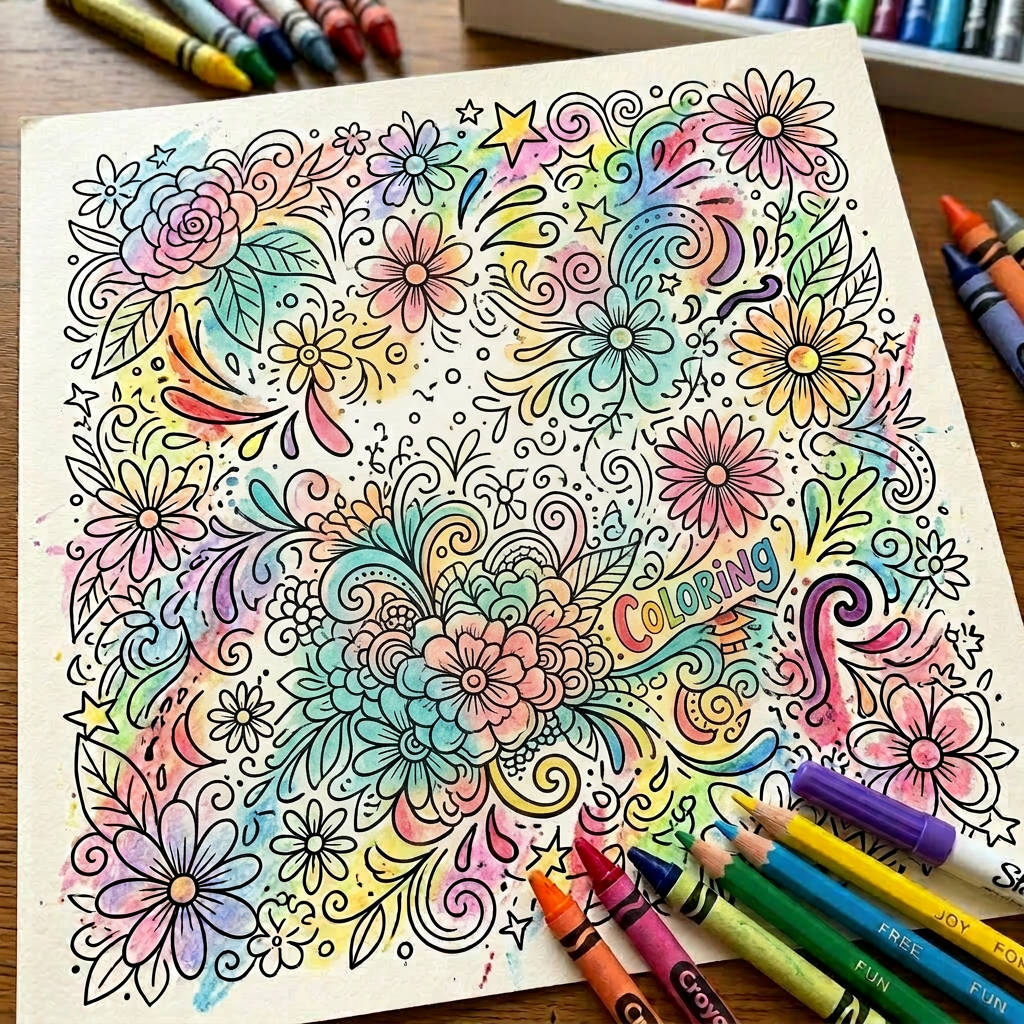 Hand-lettered quote 'Coloring outside the lines is always more fun' with colorful floral designs and art supplies around it