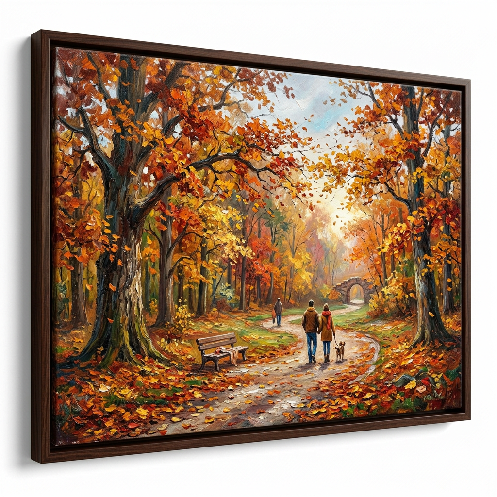 Framed painting of people walking a dog through an autumn forest